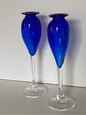 Hand Blown Studio Art Glass Cobalt Clear Stem Vase Pair Set Of 2 Signed Vintage